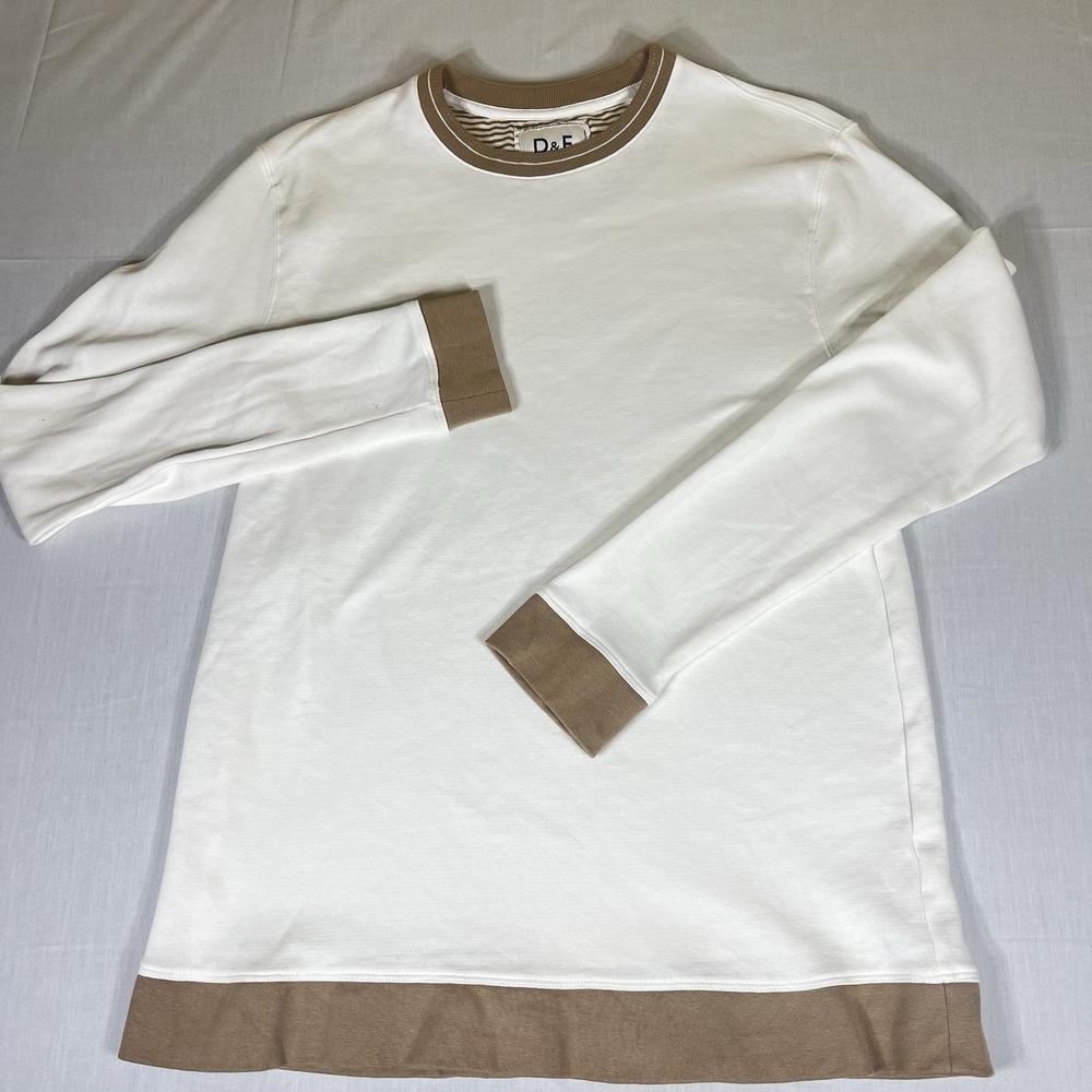 D&F Ricky Singh Womens Cream Pullover Sweatshirt Size Small Beige Trim Crewneck